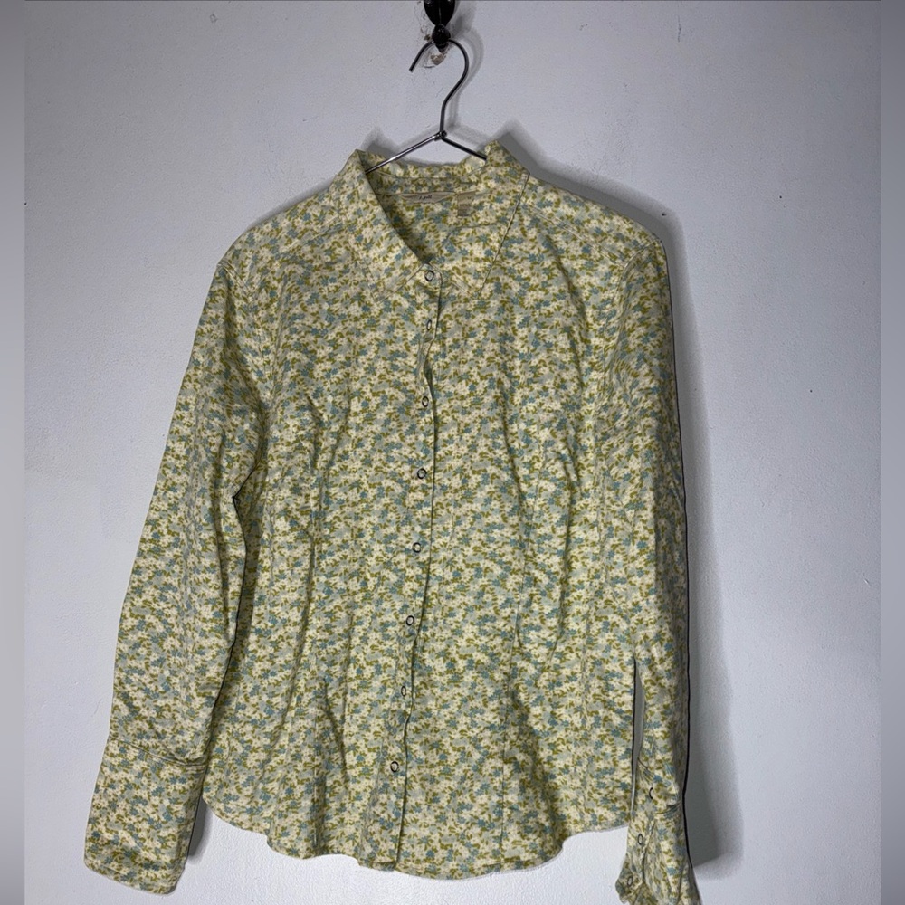 J Jill‎ Medium Corduroy Collar Snap Down Green Blue Daisy Floral Top